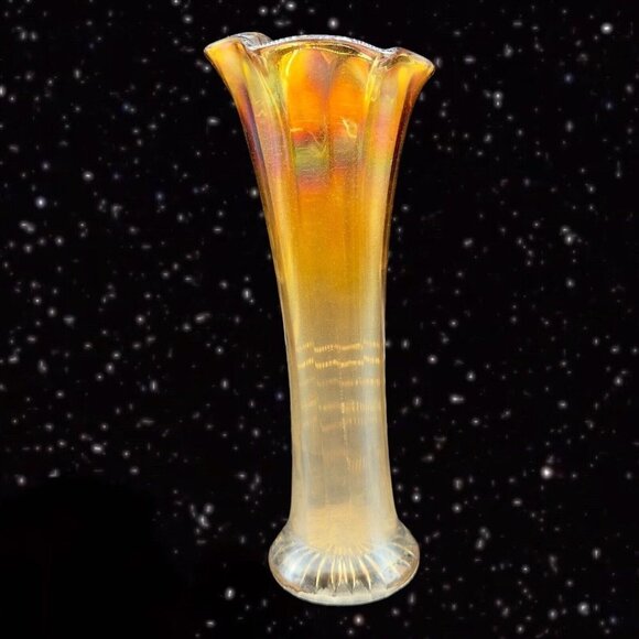 Mid Century Carnival Swun Ribbed Vase Iridescent Glass Vase Marigold 8.5”T 3”W - Picture 6 of 11